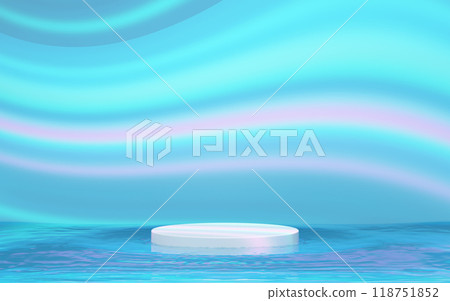 3d podium empty with water wave isolated on rainbow background. cosmetic display product stage, 3d illustration render 118751852