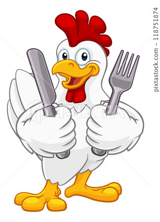Chicken Rooster Cockerel Knife and Fork Cartoon Chicken Rooster Cockerel Knife and Fork Cartoon 118751874
