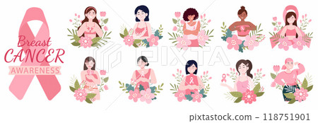 Breast cancer awareness figures and symbols collection. Vector illustrations. Breast cancer awareness figures and symbols collection. Vector illustrations. 118751901