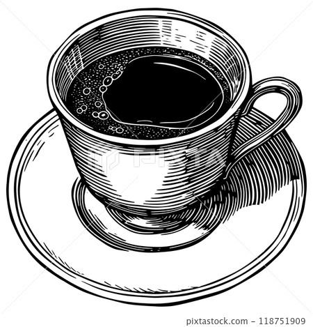 咖啡杯和碟子的銅版向量圖。 118751909