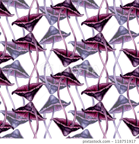 Seamless pattern with poisonous purple toadstools on green background. Watercolor illustration template for esoteric, witchcraft, Halloween: invitations, menus, advertising, cards, postcards Seamless pattern with poisonous purple toadstools on green background. Watercolor illustration template for esoteric, witchcraft, Halloween: invitations, menus, advertising, cards, postcards 118751917