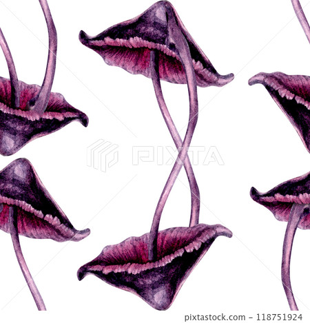 Seamless pattern with poisonous purple toadstools on green background. Watercolor illustration template for esoteric, witchcraft, Halloween: invitations, menus, advertising, cards, postcards 118751924