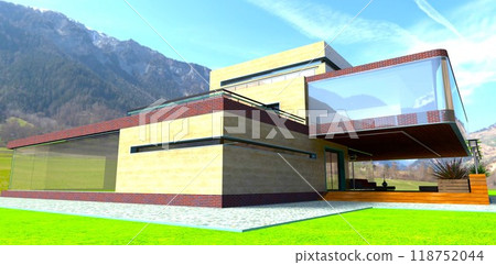 A house on a green meadow in a mountain valley. Facade finished with sandstone. 3D rendering. 118752044