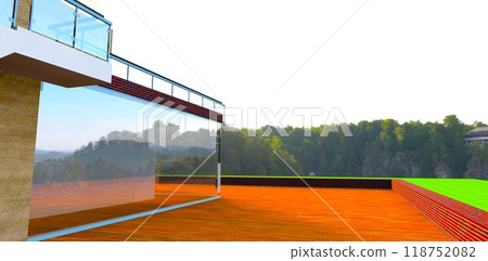 Natural aged oak decking on the terrace with a view of the beautiful dense forest. 3D rendering. 118752082
