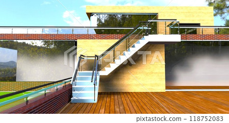 Neat concrete staircase to the second level of the terrace with polished pine wood decking. 3D rendering. Neat concrete staircase to the second level of the terrace with polished pine wood decking. 3D rendering. 118752083