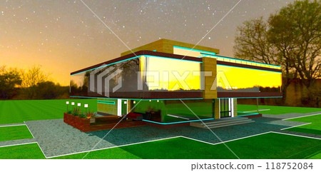 Night view of a country cottage with a glass facade. Clean lines of window corners. 3D rendering.. Night view of a country cottage with a glass facade. Clean lines of window corners. 3D rendering.. 118752084