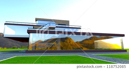 Reflection of the mountain range in the monolithic glass facade of a country villa. 3D rendering. Reflection of the mountain range in the monolithic glass facade of a country villa. 3D rendering. 118752085