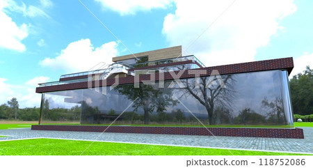 Reflection of trees in the seamless glass facade of a rural home for affluent farmers. 3D rendering. Reflection of trees in the seamless glass facade of a rural home for affluent farmers. 3D rendering. 118752086