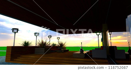 Shaded patio near the entrance to the house. Wooden steps, sofa, lanterns. Large glass window. 3D rendering. Shaded patio near the entrance to the house. Wooden steps, sofa, lanterns. Large glass window. 3D rendering. 118752087