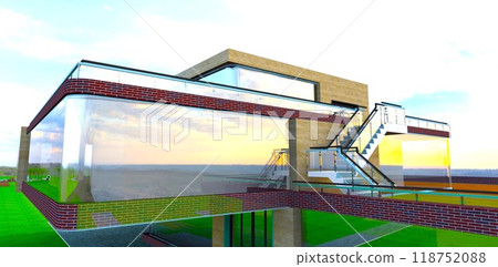 Staircase with glass railings from the terrace to the upper level of a country house. 3D rendering. Staircase with glass railings from the terrace to the upper level of a country house. 3D rendering. 118752088