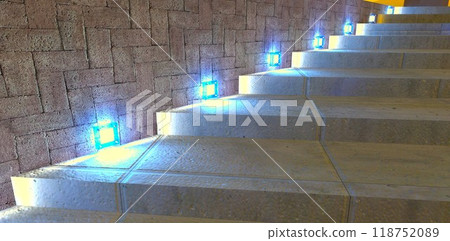 The elements of the concrete steps' illumination with halogen lights create a sense of coziness and tranquility in the exterior. 3D rendering. The elements of the concrete steps' illumination with halogen lights create a sense of coziness and tranquility in the exterior. 3D rendering. 118752089