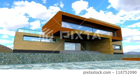 The facade is finished with sandstone and wood. Suitable building materials for residential housing. 3D rendering. The facade is finished with sandstone and wood. Suitable building materials for residential housing. 3D rendering. 118752090
