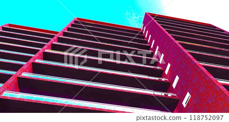 Wide balconies of a low-rise residential building made of dark red brick. View from below against the blue sky. 3D rendering. Wide balconies of a low-rise residential building made of dark red brick. View from below against the blue sky. 3D rendering. 118752097