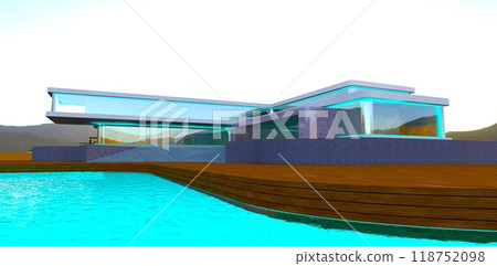 Wonderful pool with turquoise water. Wooden deck in front of a luxurious villa in the mountains at sunrise. 3D rendering. Wonderful pool with turquoise water. Wooden deck in front of a luxurious villa in the mountains at sunrise. 3D rendering. 118752098