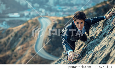 Male office worker climbing a dangerous cliff AI 118752184