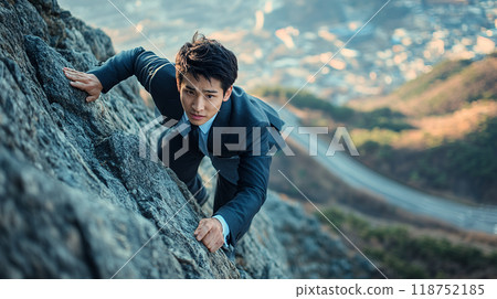 Male office worker climbing a dangerous cliff AI Male office worker climbing a dangerous cliff AI 118752185