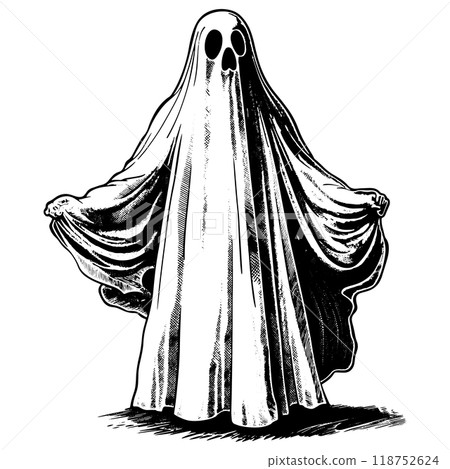 A person wearing a Halloween ghost sheet. Copperplate engraving vector illustration. 118752624