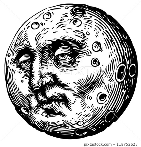 Vector illustration of a copperplate engraving of a full moon's face. 118752625