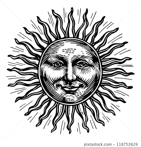 太陽表面銅版雕刻的向量圖。 118752629