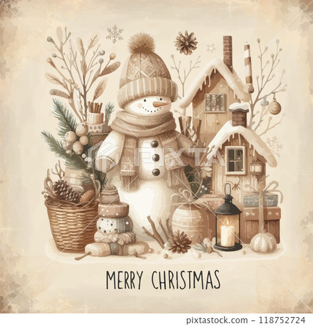 Watercolor snowman with christmas giftbox vector illustration. 118752724