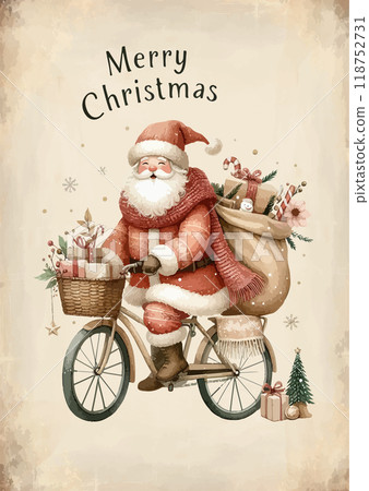 Watercolor Santa Claus rides a bicycle with gifts in backpack. Courier in Santa costume on bike delivers Christmas gifts. 118752731