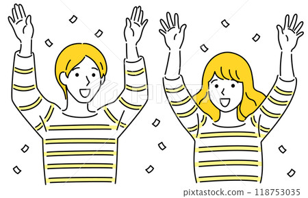 一對男女夫婦一邊慶祝一邊舉起雙手、五彩紙屑、簡單而流行 向量例證 一對男女夫婦一邊慶祝一邊舉起雙手、五彩紙屑、簡單而流行 向量例證 118753035