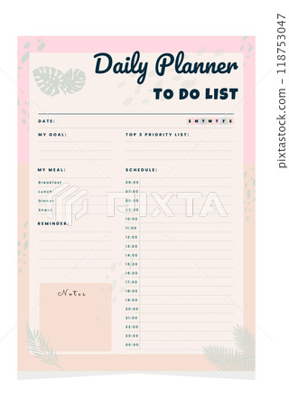Daily planner template. Printable to do list. Business organizer page. Paper sheet. Vector illustration Daily planner template. Printable to do list. Business organizer page. Paper sheet. Vector illustration 118753047