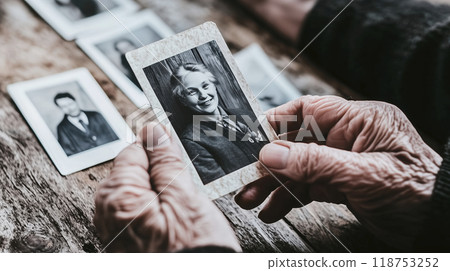 老人手裡拿著過去的舊照片 118753252