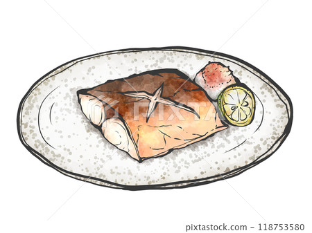鹽烤鯖魚手繪筆畫風格插畫 118753580