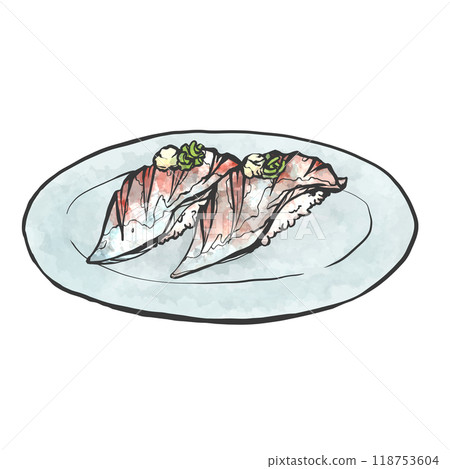 Hand-drawn brush-style illustration of horse mackerel sushi 118753604