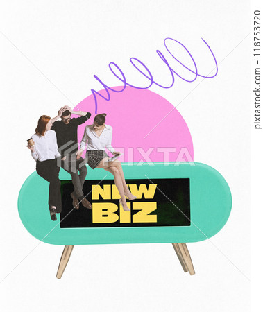 Businesspeople sitting on retro-styled TV screen with New Biz displayed, representing integration of media and creativity in the startup world. Contemporary art collage. Businesspeople sitting on retro-styled TV screen with New Biz displayed, representing integration of media and creativity in the startup world. Contemporary art collage. 118753720