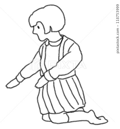 鉛筆畫風格昭和女孩的線條畫插圖 118753999