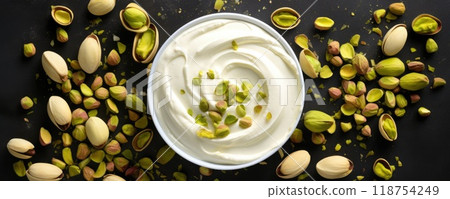tasty creamy yogurt with healthy pistachios 118754249