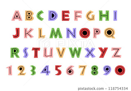 Colorful hand-drawn alphabet and numbers in playful, blocky style with various bright shades Colorful hand-drawn alphabet and numbers in playful, blocky style with various bright shades 118754334