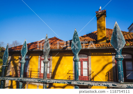 a yellow house with a metal hedge and a seagull on the chimney a yellow house with a metal hedge and a seagull on the chimney 118754511