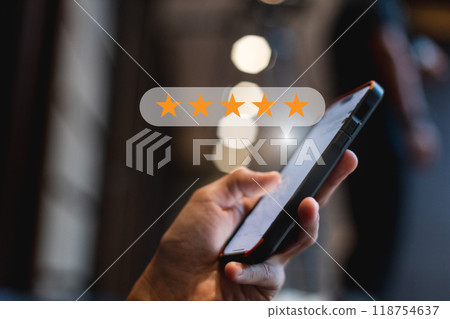 Star icon satisfaction survey, businessman finger to smartphone with five star icons, Star icon satisfaction survey, businessman finger to smartphone with five star icons, 118754637