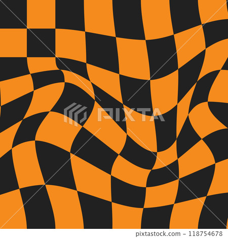 Halloween Trippy checkered wallpaper. Psychedelic Checkerboard. Groovy background. Hippie vector illustration in Y2k style. Vintage distorted geometric orange pattern Halloween Trippy checkered wallpaper. Psychedelic Checkerboard. Groovy background. Hippie vector illustration in Y2k style. Vintage distorted geometric orange pattern 118754678