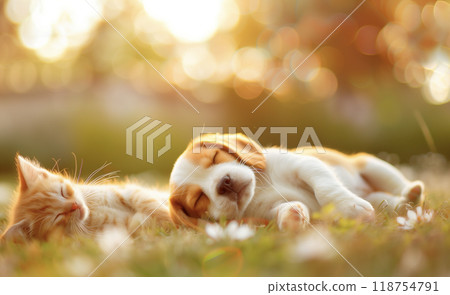 波斯小貓和小獵犬小狗在草地上打盹 118754791