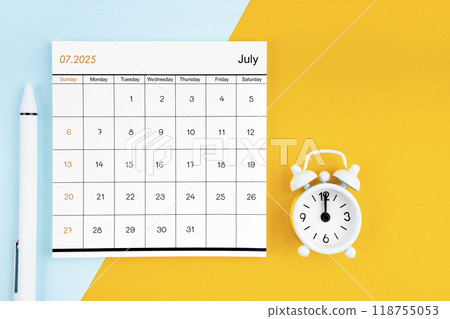 July 2025 Monthly calendar for 2025 year with pen on yellow and blue background. 118755053