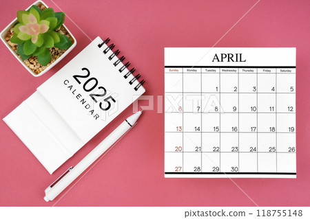 White calendar for April 2025 and pen on pink background, planning concept. White calendar for April 2025 and pen on pink background, planning concept. 118755148