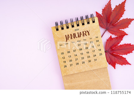 January 2025 monthly calendar and fall leaves on pink color background. January 2025 monthly calendar and fall leaves on pink color background. 118755174