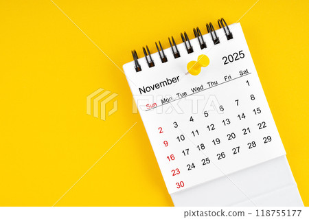 November 2025 Monthly desk calendar for 2025 year with thumbtack. November 2025 Monthly desk calendar for 2025 year with thumbtack. 118755177