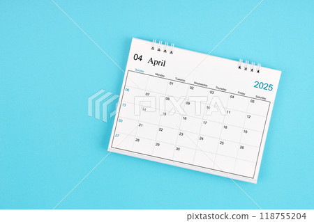 April 2025, Monthly desk calendar for 2025 year on blue background. April 2025, Monthly desk calendar for 2025 year on blue background. 118755204