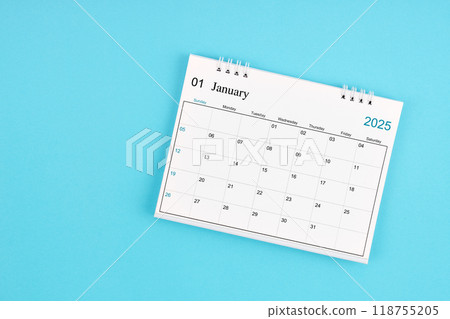 January 2025, Monthly desk calendar for 2025 year on blue background. 118755205