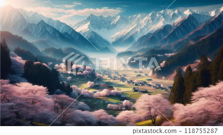 Cherry blossoms shining in the slanting light of dusk 118755287