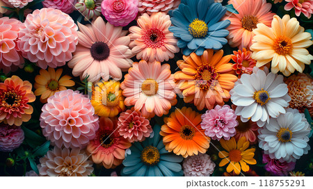 Vibrant Mixed Bouquet Featuring Various Flowers in a Colorful Arrangement on a Flat Surface 118755291