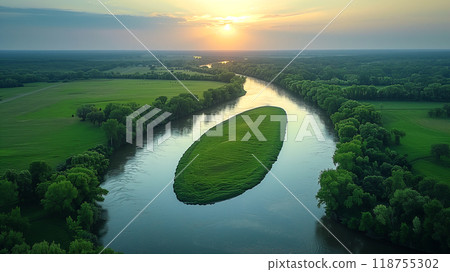 Aerial View of a Lush Green Island in a Winding River at Sunset in a Tranquil Landscape 118755302