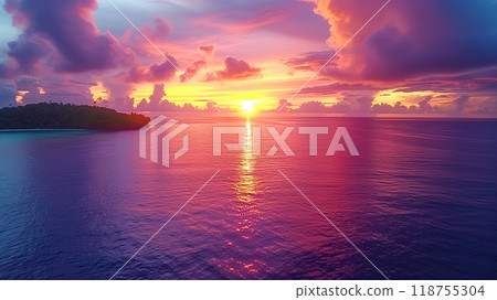 Vibrant Sunset Over Calm Waters With Colorful Clouds Near a Tropical Island 118755304
