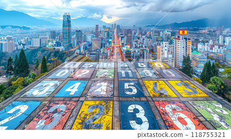 Vibrant Cityscape View From a Rooftop With Colorful Numbers in Urban Setting During Twilight 118755321