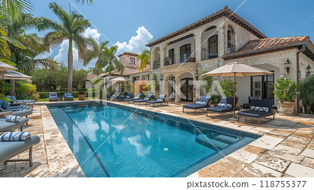 Relaxing Poolside View With Loungers and Umbrellas in a Lush Garden Setting 118755377